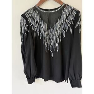 Vintage Argenti Pure Silk Womens Sequin Top Size M Black Silver Long Sleeve